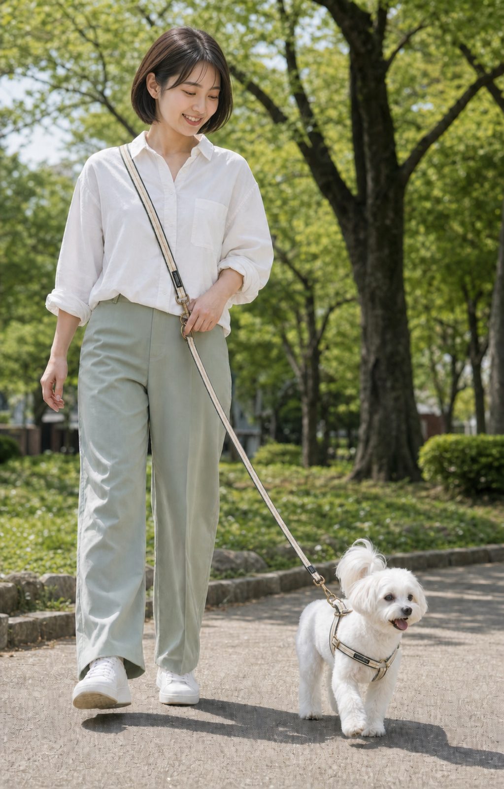 遠州織物のハーネスとリードを身につけた愛犬との散歩